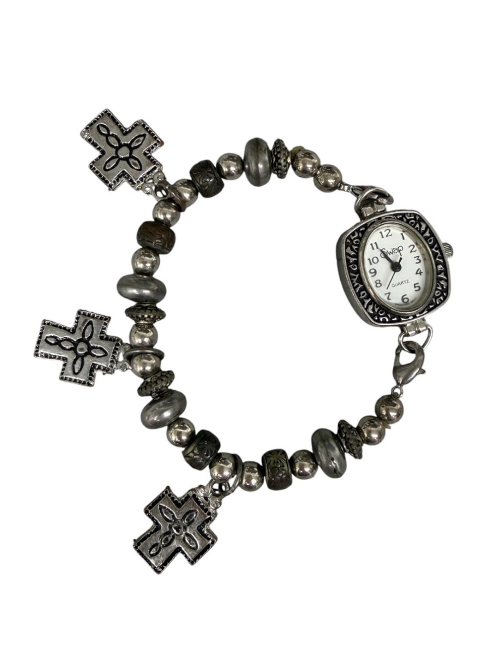 Vintage Beehive Silver Beaded Cross Charm Watch Bracelet • Boho Western